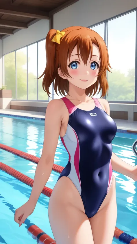 solo, kousaka honoka, blue eyes, breasts, blush, smile, short_hair, glossy lips, bangs, medium breasts, indoor pool, one-piece s...