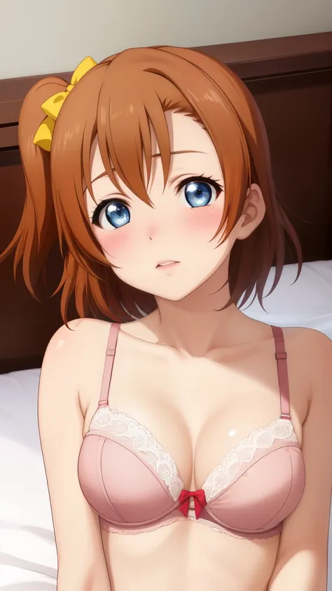 solo, kousaka honoka, blue eyes, breasts, blush, short_hair, glossy lips, bangs, medium breasts, bed, lace bra