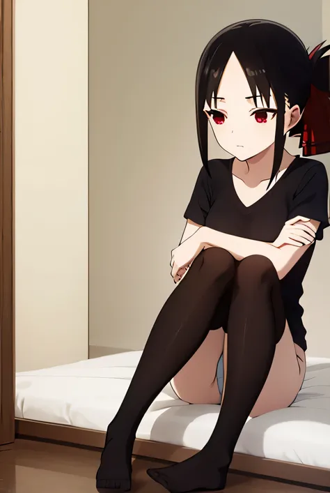 kaguyashinomiya, kaguya shinomiya, short hair, bangs, black hair, (red eyes:1.3), hair ribbon, sidelocks, folded ponytail, (parted bangs:1.5),
BREAK  lace bra, black socks, no shoes, nsfw
BREAK indoors, bedroom, 
BREAK  lace panties, BREAK full body view, ...