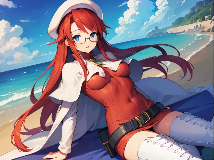 summonnightaty, aty, (young:1.3),long hair, blue eyes, red hair, big_tits, hat, glasses,
BREAK long hair, thighhighs, hat, dress, naked_legs, glasses, belt, cape, sweater, zettai ryouiki, beret, thigh boots, white footwear, ribbed sweater, loose belt,solo,...