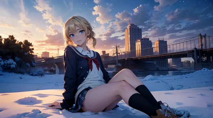 fullnude, masutepiece,8K,octans, Skysky, stele(Skysky), landscapes, starrysky, natta, looks at the camera, (Legs without stockings:1.iercing gaze, nigh sky, report, plein air, built, ​​clouds, milkyway, City, silhuette, Cityscape,(Short, Low twin-tailed bl...