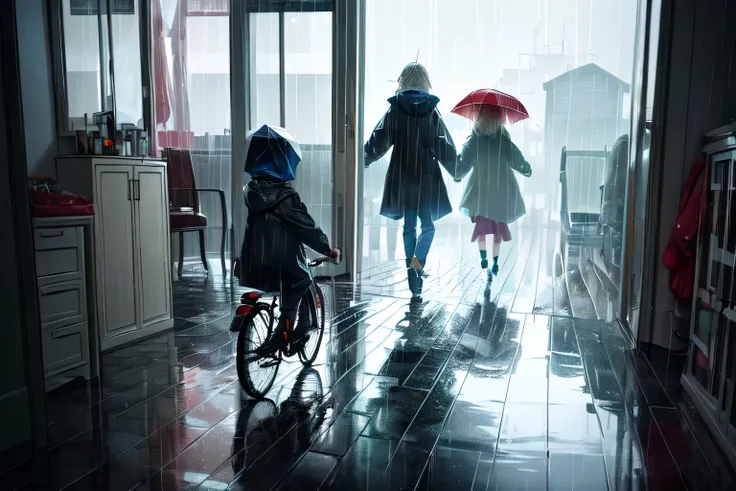 Rainy street seen from inside the window frame, People running around avoiding the rain, warm lighting, Young kid, mom, bicycle, Raincoat