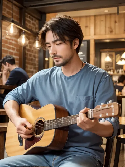 a man playing an acoustic guitar in a casual cafe, warm lighting, relaxed atmosphere, audience listening quietly, man wearing ca...