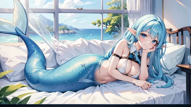 masterpiece, best quality,a girl,witch, blue hair, blue eyes, elf ears,swimsuit,solitary,large breasts,mermaid,蓝色的mermaid尾巴,full...