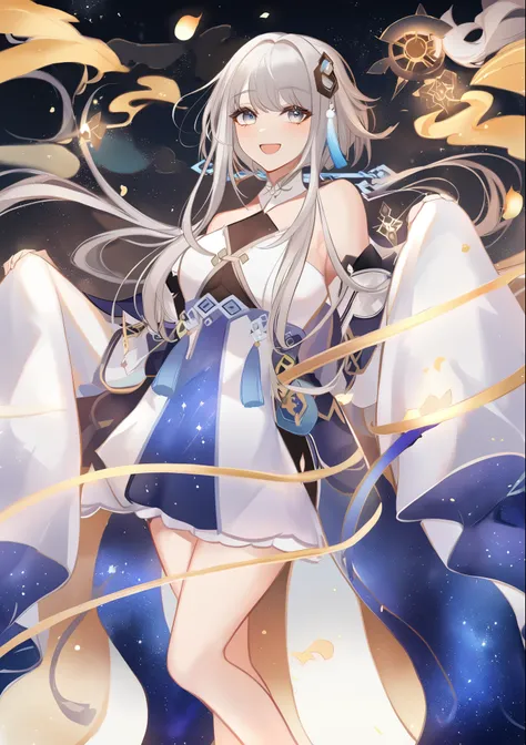 1girl,guizhong_\(genshin impact\),anime girl with long white hair and white and blue dress, long sleeves fully covering hands, w...