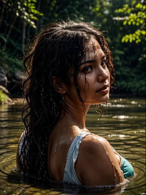 portrait close-up of a face of a brazilian woman, 38 years old. sunburnt ebony skin, (wet and dripping hair, curly hair), wavy a...