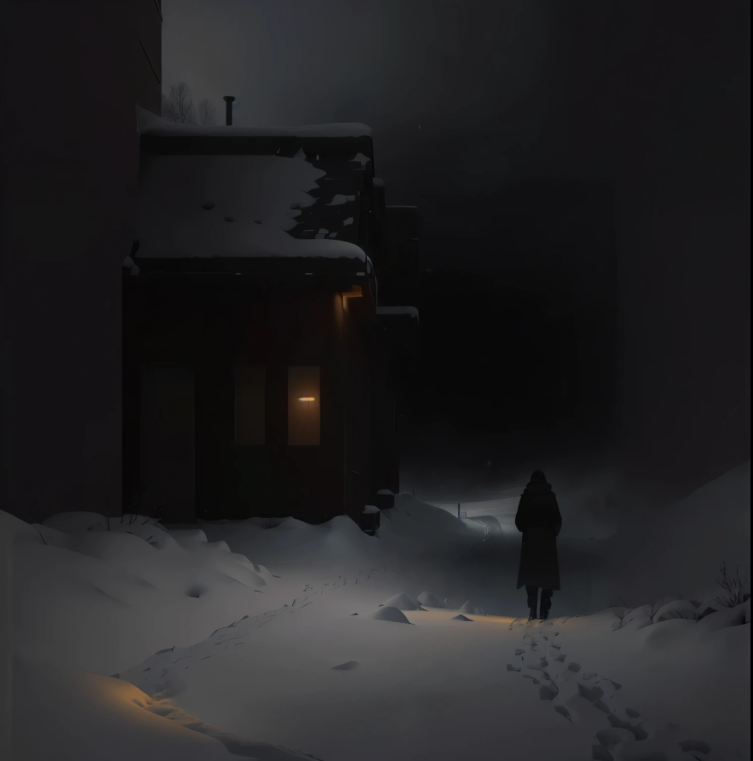 a  figure walking down a snowy path, heavy snow falling in a dark and gloomy environment, desolate winter landscape, cinematic lighting, dramatic atmosphere, muted colors, intricate snow details, high quality, photorealistic, 8k, masterpiece, concept art