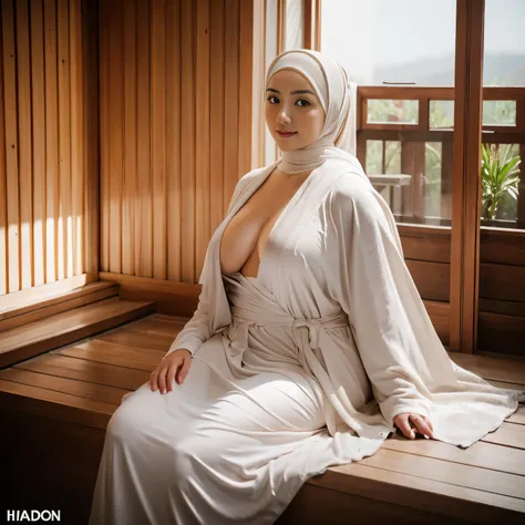 20 years Old, Hijab Indonesian mature woman, Large Breast : 9, Bathrobe, Curvy Body, Breast about To burst out from her clothes, at Natural Onsen, Shiny light, at Daytime.