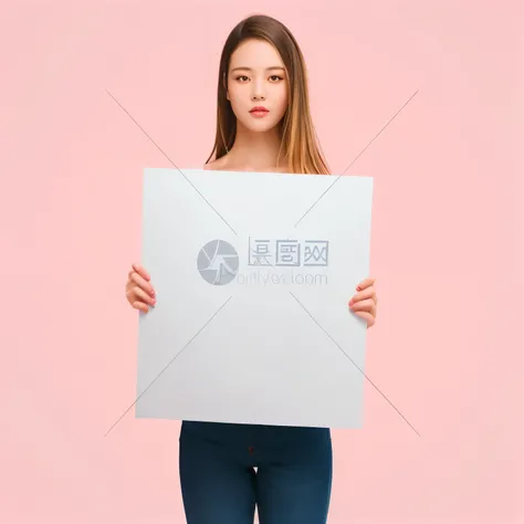 a woman holding a white sign with a chinese text on it, woman his holding a sign, woman holding sign, high quality stock picture, subject action : holding sign, subject action: holding sign, isolated white background, isolated background, full view blank b...