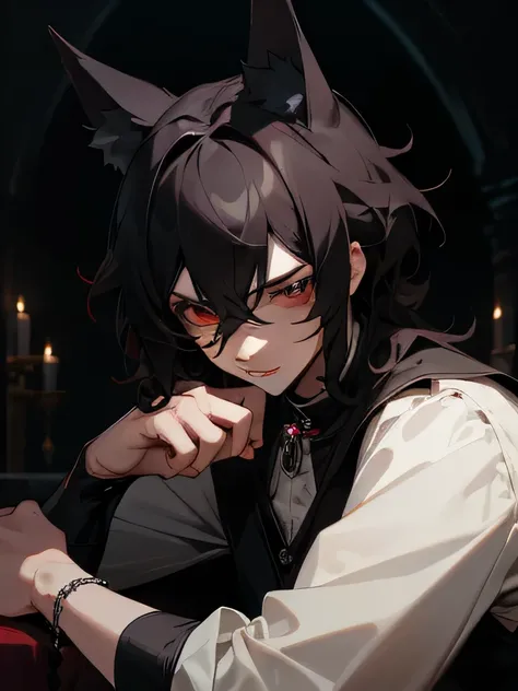 masterpiece, best quality, male character, black hair hair, red eyes, mullet, wavy hair, short hair, vampire, fangs,  religious imagery, rosary, stylized character design, high quality character design, detailed character design, great character design, ma...