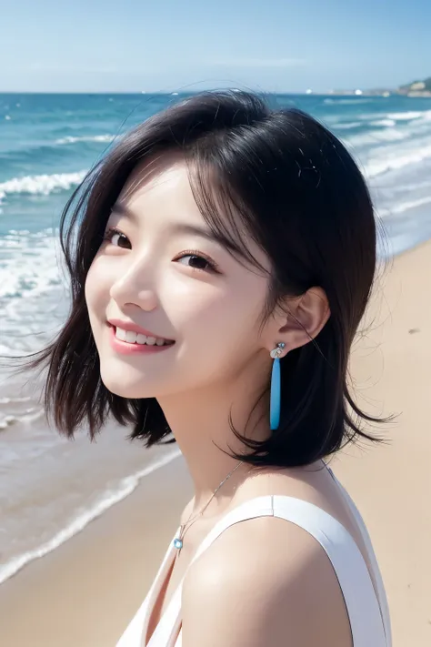 a girl wearing tiny blue sample earring, At the beach, sea, blue sky, sea breeze, half body shoot, Korean, KPOP, happy smile, group, white skin, black hair, jewelry, commercial advertising, white background, laser gradient background, subsurface scattering...