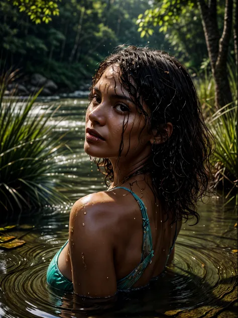 portrait close-up of a face of a brazilian woman, 38 years old. sunburnt ebony skin, (Wet and dripping hair, curly hair), wavy at the height of the back, jade eyes, fluffy turned, ((big cheeks)), bathing in the natural, in a deep river and transparent wate...