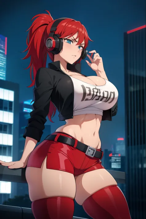 20 year old woman, busty, bubble butt, hourglass figure, skinny, blushing, frustrated expression, horny, seductive, long hair, red hair, ponytail hair, wearing black headphones, white tshirt, cropped red jacket, blue hotpants, brown belt, black tights, red...