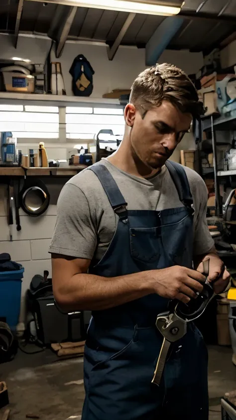 A man working on a car engine in a garage. He is wearing a gray t-shirt and blue overalls, using a wrench on the car. The garage is well-lit with various tools scattered around, including wrenches, pliers, and small car parts on the floor. There is a toolb...