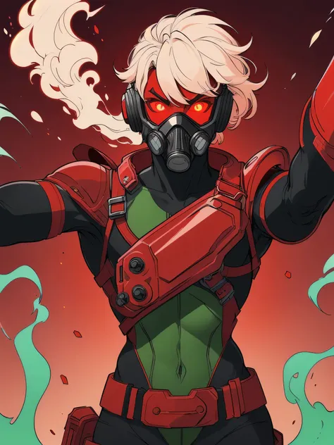 (red theme, red gradient,:1.2) redshift,red,(original-art:1.2),(lineart:1.33),masterpiece,best quality,valorantviper,green bodysuit,elbow gloves,belt,gasmask,looking at viewer,face,portrait,close-up,glowing eyes,green smoke,holding pistol,action pose,dynam...