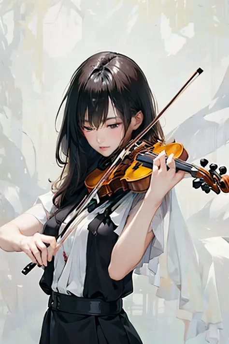 (masterpiece, best quality:1.2), 1girl, playing violin, solo, blank background, white background,