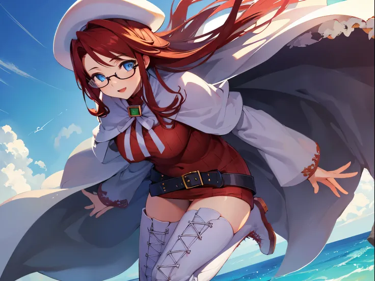 summonnightaty, aty, (young:1.3),long hair, blue eyes, red hair, big_tits, hat, glasses,
BREAK long hair, thighhighs, hat, dress, naked_legs, glasses, belt, cape, sweater, zettai ryouiki, beret, thigh boots, white footwear, ribbed sweater, loose belt,solo,...