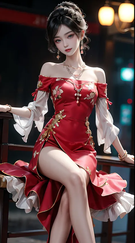 newchinesestylesuit, ((whole body)), ((from below)), ((Sitting)), ((sitting on a bar stool)), Clear face, Pretty Face, 8K, masterpiece, original photo, best quality, detail:1.2,lifelike, detail, Very detailed, CG, Unite, wallpaper, Depth of Field, Movie Li...