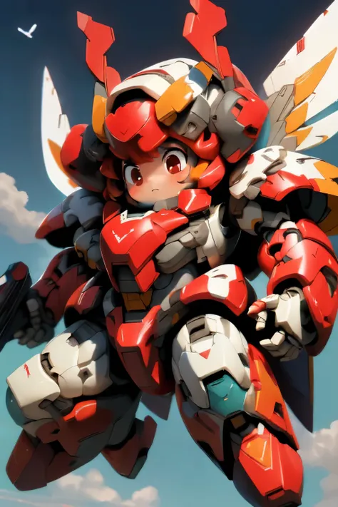 (((1girl floating in the sky, ))), (large cute face), (chibi face), ((Tight-lipped)),((low-angle)), ((low-angle view)), ((mechanical parts)), ((mechanical wings)), ((mecha wings)), full armor, ((mecha musume)), (HRS), (RARS), (full armor:1.5), (mecha armor...