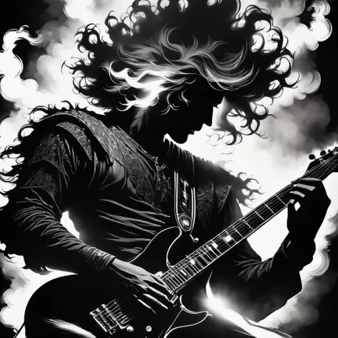 Illustration of guitarist, silhouette of male guitarist in his 50s, long hair, perm, backlit by intense lighting behind the stage, on a huge outdoor stage, very thick brush, Edge: 1.5, dark fantasy, light and shadow, black and white, contrast, high detail,...