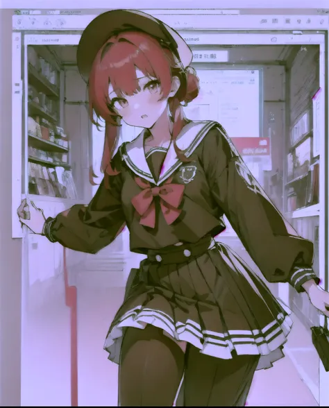 1 girl, Redhead, Updo, Facial hair stripes, Red eyes, mascara, skirt, Sagging under the eyes, Are standing、 Ground angle shot, Viewers looking up, feet, Impact, 8k, masterpiece,Thighs,color、Sailor suit、uniform、Roll up your skirt、(Skirt flipping:1)、pants、...