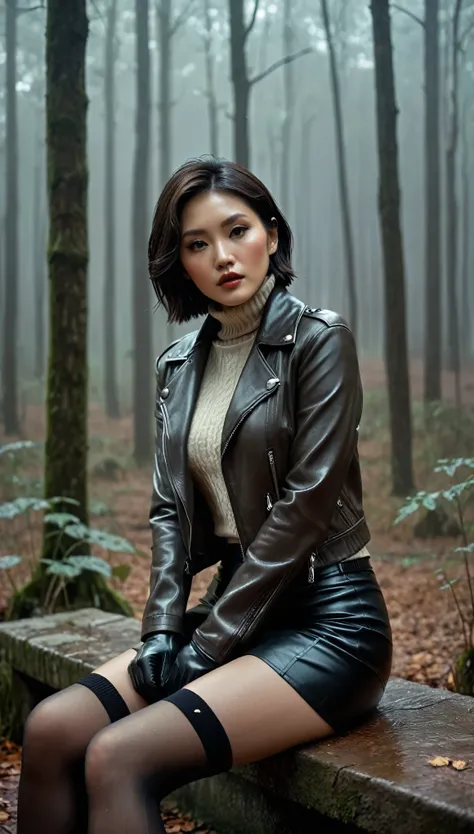 8k, ultra-detailed, grainy film photo, masterpiece,muted colors, muffled light, dusk, rainy, moody, noir, woman in forest, elegant sitting, elegant pose, vulnerability, short stockings, light turtleneck sweater, pencil skirt, faded detailed biker leather j...