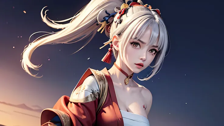 (masterpiece, best quality, Hook of Holland)(1 Girl, Solitary)(white hair, Red Eyes)(More,Japanese clothes,Off-shoulder,one shoulder、Wear a kimono:1.4、One shoulder is bare)(Serious expression, Woman with a sword:1.3、Flowing hair)(In front of the Samurai Re...