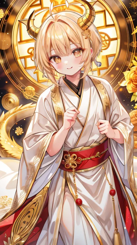Gold Hair、Golden dragon horn、Golden Eyes、gem pupil,dragon pupils、Handsome robe、Elegant smile、Gentleman's demeanor