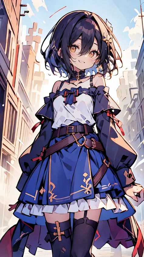 dress,1girl, bare shoulders, belt, eyebrows visible through hair, hair between eyes, long sleeves, looking at viewer, off shoulder, shirt, single thighhigh, solo, thighhighs, white legwear, white shirt,off-shoulder dress,frilled skirt,belt buckle,sleeveles...