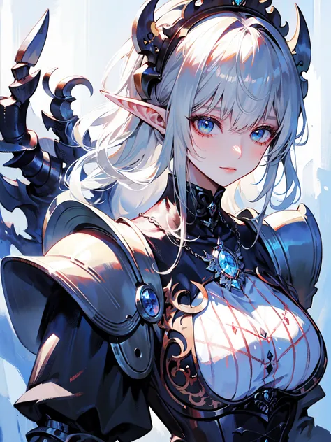 a elf woman wearing a long-sleeved and intricate gothic maid outfit with details of small accessories, white hair, blue eyes. sh...