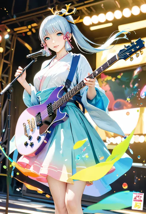 magazine cover，masterpiece), (best quality), (super detailed),(lifelike：1.37), (idol playing electric guitar on stage), (face pa...