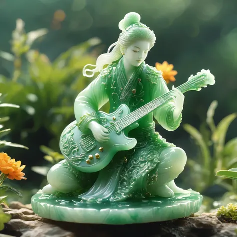 best quality, very good, 16K, ridiculous, Very detailed, charming(((Guitarist 1.3))),Made of translucent jadeite, Background grassland((A masterpiece full of fantasy elements))), ((best quality)), ((Intricate details))(8K)
