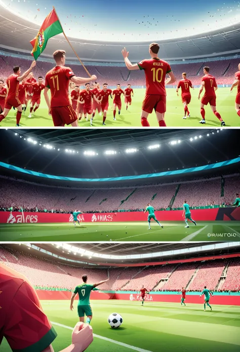 "An animated scene featuring the Portugal football club during the Euro 2024 Championship. The setting is a vibrant, bustling stadium filled with cheering fans, with the Portuguese flag waving in the background. The football players are depicted in action,...