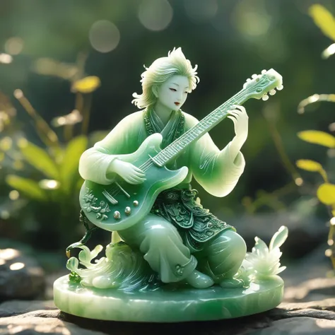 best quality, very good, 16K, ridiculous, Very detailed, charming(((Guitarist 1.3))),Made of translucent jadeite, Background grassland((A masterpiece full of fantasy elements))), ((best quality)), ((Intricate details))(8K)