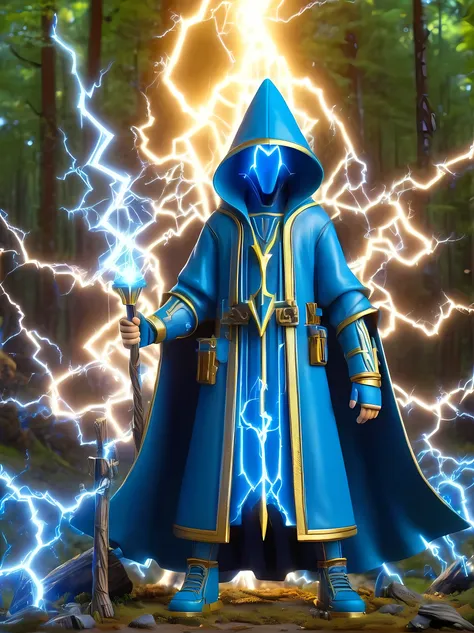1boy, solo, Lightning energy,Electricity elements,Wearing a blue hooded mechanic robe,(A wizard beard on his chin),Holding a blue staff,Center image,symmetry,Medieval magic forest background,Casting magic gesture,Blue Highlight Lightning,Explosion,Best qua...
