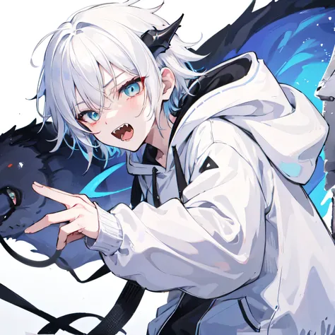 1Boy, Boyish, Catboy, Fangs Showing, Ultra-detailed Ice-colored Dragon Eyes, Eye-focus, Snow-White Hair, Head Shot, Cute Expression, Tight Hoodie, Plain Background