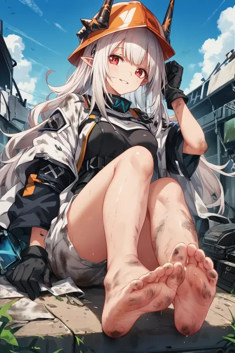 score_9, score_8_up, score_7_up, BREAK,
Hyperrealism,1girl,mudrock (arknights),dirty,feet,gloves,helmet,horns,soles,red eyes,barefoot,pointy ears,breasts,solo,long hair,white hair,black gloves,toes,hardhat,foot focus,looking at viewer,sitting,sweat,parted ...
