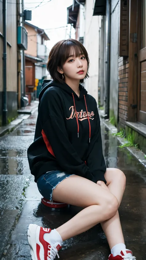 (highest quality,masterpiece:1.3,Ultra-high resolution),(Super detailed,Caustics,8k), (Photorealistic:1.4, RAW shooting),Japanese,20-year-old,Natural brown short hair,Earrings,Natural Makeup,Red lipstick,Black hoodie,jeans,sneakers,Rainy Sky,Dim Alley,Sitt...