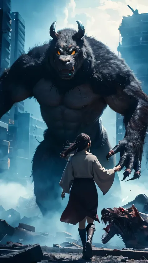 Ultra-high resolution, Superior Quality, highest quality, Super detailed, Realistic, 8k, highest quality, masterpiece, Japanese woman holding hands with a big monster, Ruined City, A dark and mysterious world,