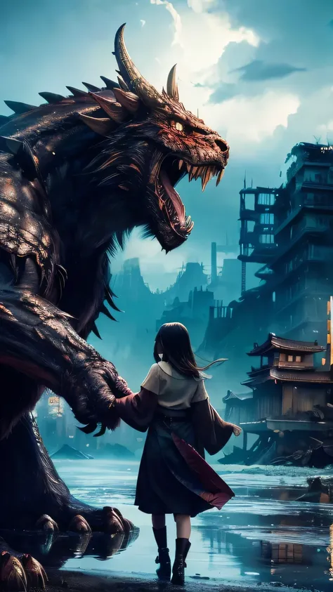 Ultra-high resolution, Superior Quality, highest quality, Super detailed, Realistic, 8k, highest quality, masterpiece, Japanese woman holding hands with a big monster, Ruined City, A dark and mysterious world,