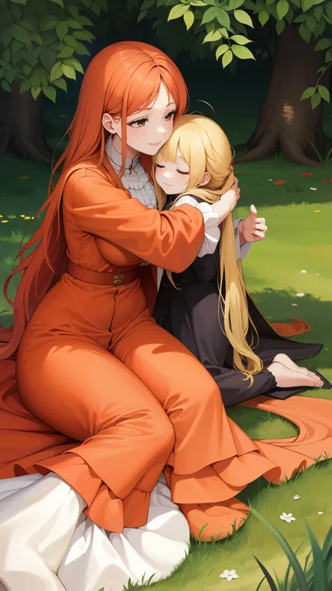 a beautiful woman with long orange hair dressed in a long white full-sleeve garment sitting on the grass under a tree with a slightly sad look and a smile on her face, patting her adorable cute little blonde sleeping daughter.
