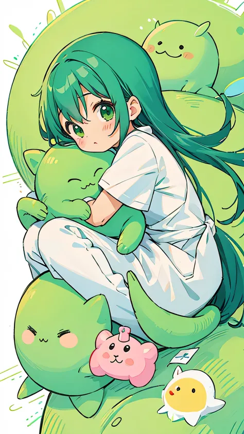 Takashi Yanase style, Kawaii Design, most beautiful girl ever、Chibi, hugging green alien、hospital