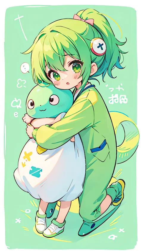 Takashi Yanase style, Kawaii Design, most beautiful girl ever、Chibi, hugging green alien、hospital