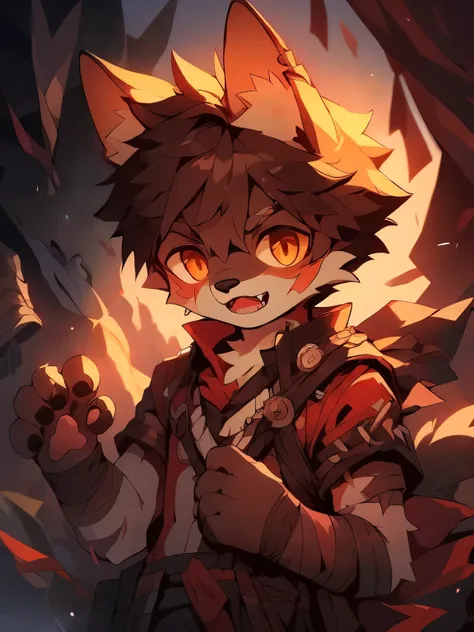 masterpiece, best quality, soft light, Intricate details, Soft lines, 16K,modern war, my own, toy doll,Wolf Boy,Shota,hero,Both,hero Bothe,Anubis， wounds,Sharp fangs,Paw pads,wounds,Dirty bandages,Plush paw,Paw pads