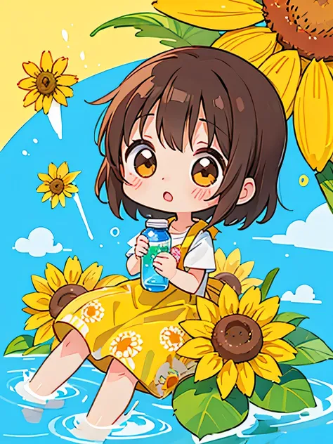 Momoko Sskura style, Kawaii Design, The most beautiful girl of all time、Chibi, Hydration, hot summer, sunflower