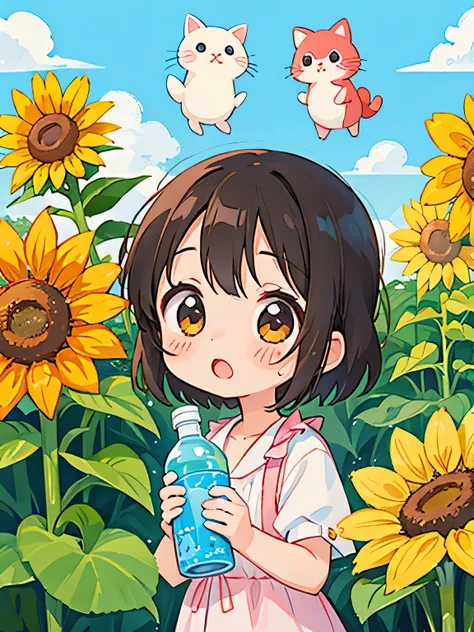 Momoko Sskura style, Kawaii Design, The most beautiful girl of all time、Chibi, Hydration, hot summer, sunflower