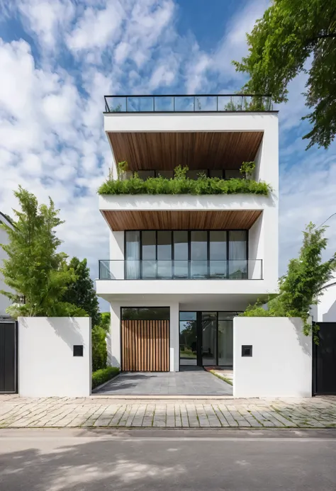Raw photo,Masterpiece, high quality, best quality, authentic, super detail,
outdoors, house style modern,bietthuhn, white wall, glass windows, gate
road,pavement, grass, trees, sky, cloud, (day:1.1),