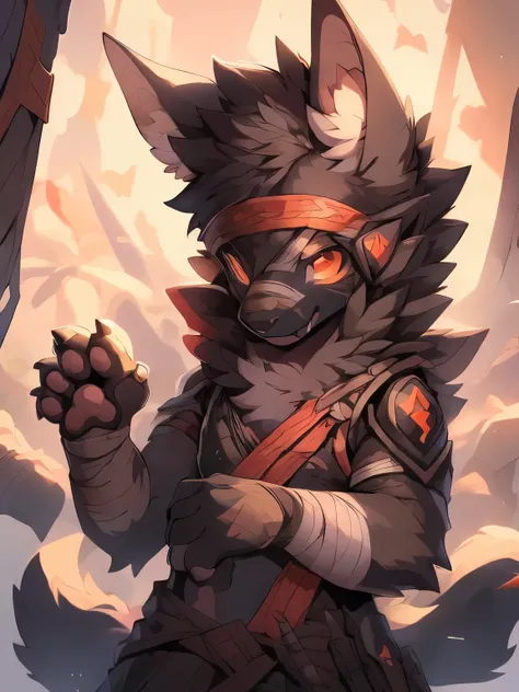 masterpiece, best quality, soft light, Intricate details, Soft lines, 16K,modern war, my own, toy doll,Wolf Boy,Shota,hero,Both,hero Bothe,Anubis， wounds,Sharp fangs,Paw pads,wounds,Dirty bandages,Plush paw,Paw pads