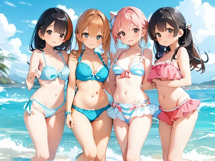 Four busty sisters in cute lingerie and cute bras、Cute white bra with ribbon、White and light blue checkered bra、Cute orange bra、White underwear with cute ribbon、White and light blue striped pants、Cute orange underwear、Sandy Beach, Calm, Clear sea and blue ...