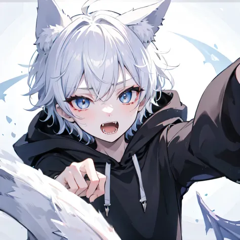 1Boy, Boyish, Catboy, Fangs Showing, Ultra-detailed Ice-colored Dragon Eyes, Eye-focus, Snow-White Hair, Head Shot, Cute Expression, Tight Hoodie, Plain Background